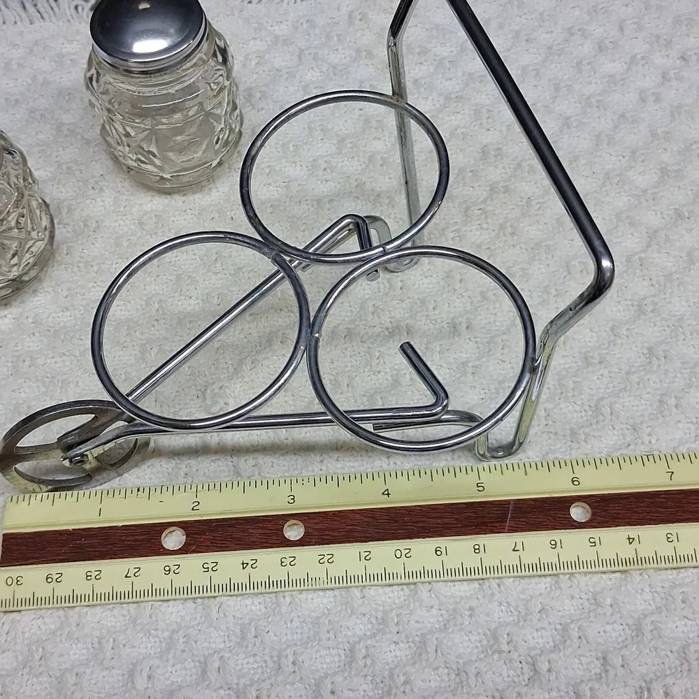 Vintage Anchor Hocking glass and metal wheelbarrow condiment‎ set